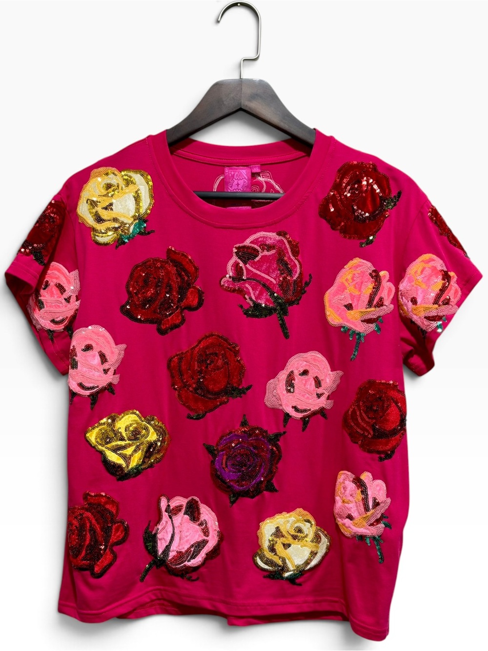 Queen of Sparkles Hot Pink Sequin Velvet Rose Tee XS